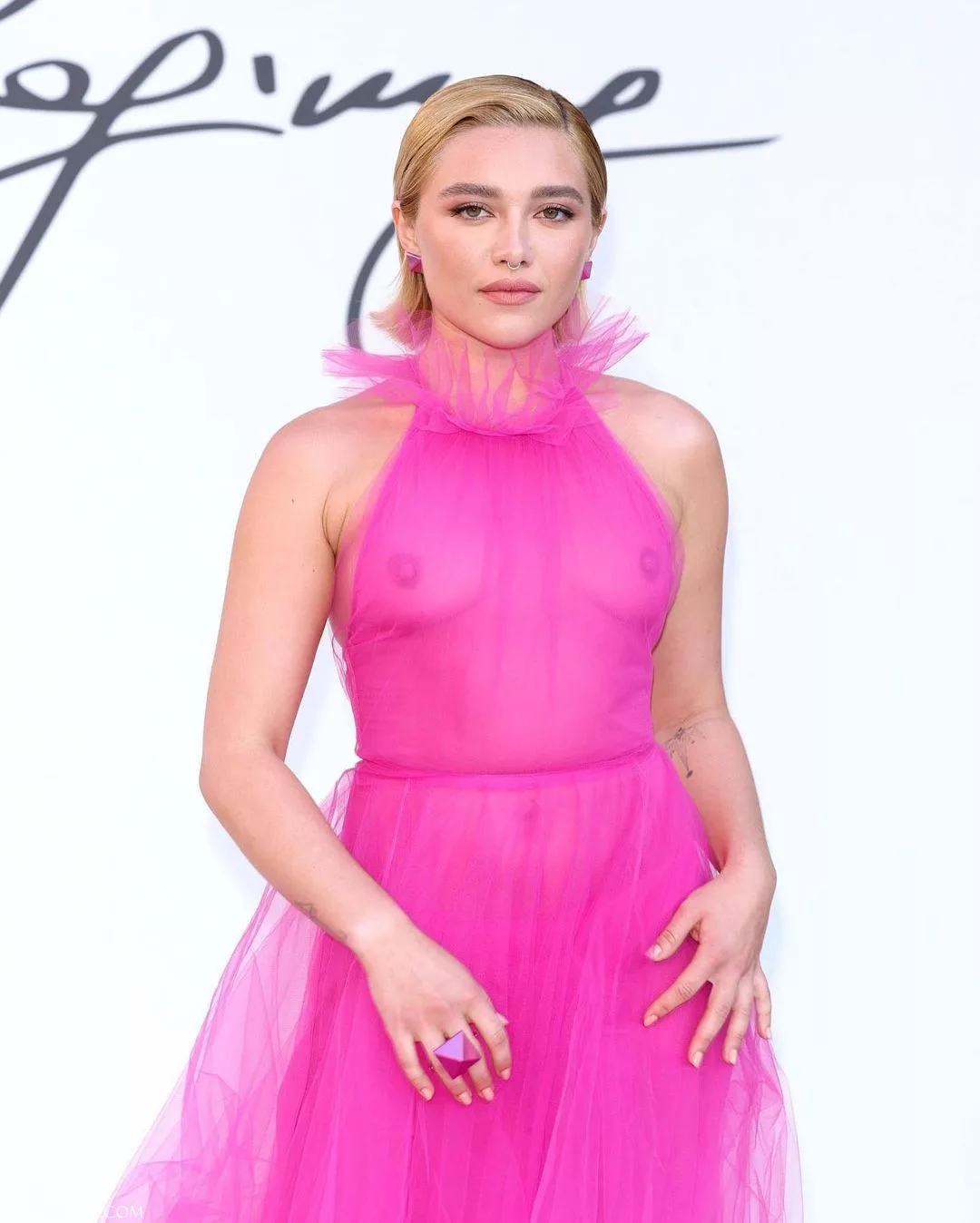Florence Pugh Pink Sheer Tulle See Through Gown - 83