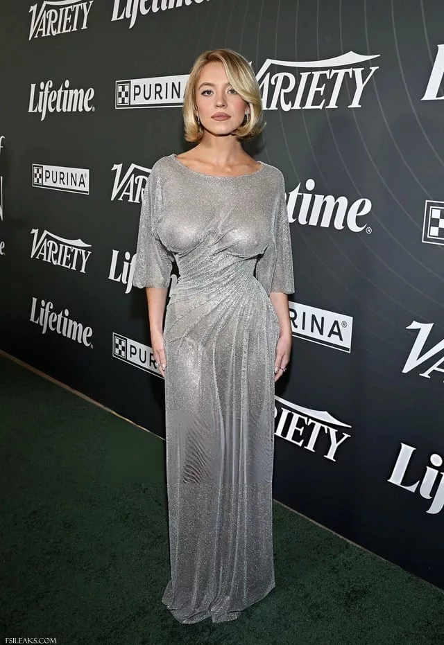 Sydney Sweeney Red Carpet Transparent Silver Mesh Gown Photos - 11
